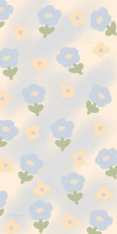 a blue, yellow and green flowered wallpaper with white clouds in the background