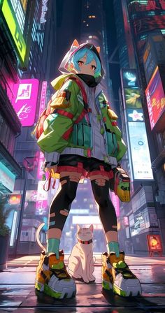 an anime character standing in the middle of a city