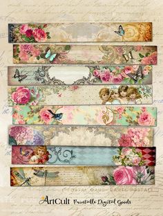 an assortment of paper tapes with roses and butterflies on them, all in different colors