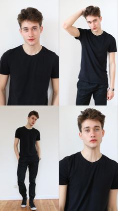 four different shots of a young man in black