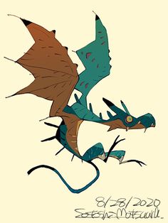 a blue and brown dragon flying through the air