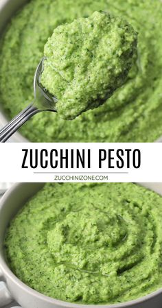 a spoon full of green pesto in a white bowl with the words zucchini pesto above it