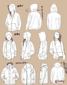 an anime character's hoodie is shown in several different positions, including the front and