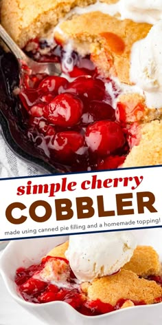 a close up of a plate of cobbler with ice cream and cherries on top