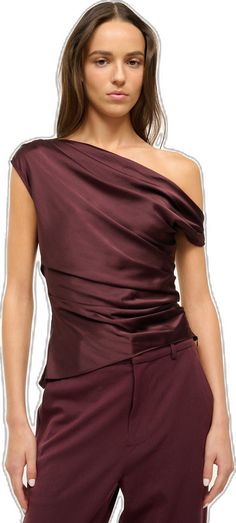 Fitted Silk Pre-draped Blouse, Elegant Evening Tops With Folds, Elegant Folded Top For Evening, Sleeveless Silk Ruched Top, Sleeveless Ruched Silk Top, Sleeveless Silk Top With Ruched Detail, Silk Off-shoulder Top For Formal Occasions, Silk Top With Asymmetrical Neckline For Party, Elegant Silk Off-shoulder Blouse