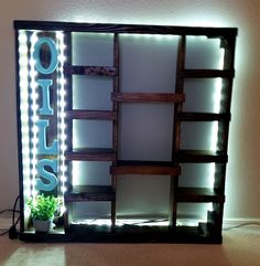 an illuminated shelf with bookshelves and plants in it on the floor next to a wall