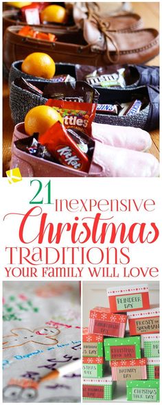 christmas treats and candies are arranged on the table with text overlay that reads, 21 expensive christmas traditions your family will love