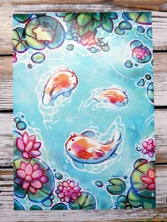 a painting of three fish swimming in water with flowers and leaves on it's sides