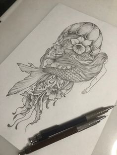 a pencil drawing of a fish with flowers on it's head and an octopus in the background