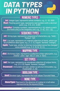 the data types in python info sheet with numbers and symbols on it, as well as text