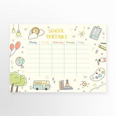 a school timetable is shown on a white background with colorful doodles and icons around it