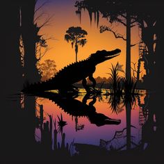 an alligator is silhouetted against the sunset in front of some trees and swamps