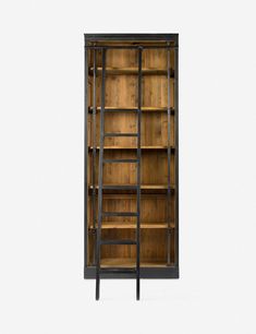 an old bookcase with wooden shelves and ladders on the bottom, against a white background