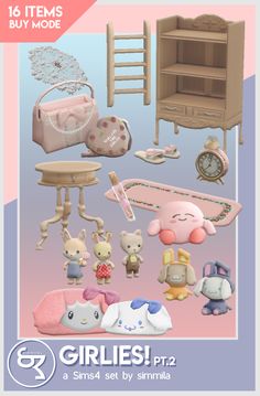 the girlies p2 set is shown in pink and blue colors, with various items on