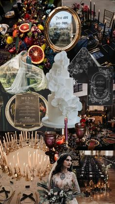 a collage of photos with different types of food and decorations on display in the background