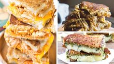 four different views of sandwiches stacked on top of each other with cheese and meat in them