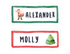 two christmas name tags with santa claus and holly tree on them, both in green and red