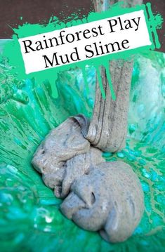 a close up of two elephants in a green bowl with text reading rainforest play mud slime