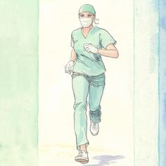 a drawing of a person in scrubs running down the street with a mask on