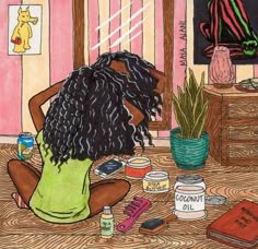 a drawing of a woman sitting on the floor in front of a table with various items