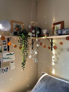 a bedroom with hanging plants and pictures on the wall above it, along with other decorations