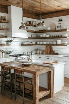 29 Coastal Apartment Kitchen Decor for a Breezy Look Joanna Gaines Farmhouse Kitchen, Wood And White Kitchen, Gaines Farmhouse, Joanna Gaines Farmhouse, Coastal Apartment, Reclaimed Wood Kitchen Island, Rustic Wood Floating Shelves