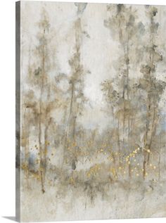 an abstract painting with gold paint and trees in the background