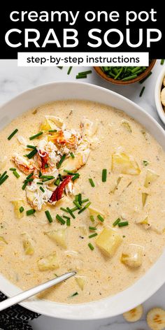 creamy one pot crab soup in a white bowl