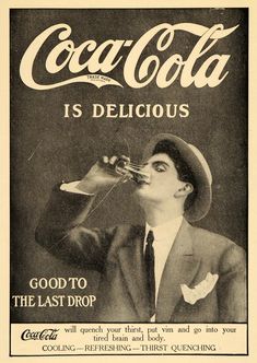 an advertisement for the coca - cola company featuring a man drinking from a glass and wearing a fedora