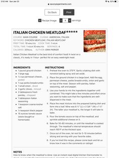 the italian chicken meatloaf recipe is shown in this screenshoter's menu