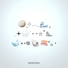 an image of different types of seashells on a white background with stars and waves