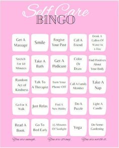 a pink poster with the words self care bingo on it