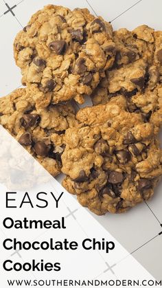 three oatmeal chocolate chip cookies stacked on top of each other with text overlay