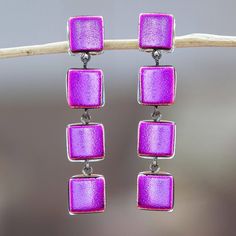 Mexico's Fabiola Quevedo works with the traditional dichroic glass technique to create a pair of dangle earrings of iridescent beauty. Featuring 18k gold-plated nickel posts and clasps, the art glass earrings come in a spectacular fuchsia shade for a fashionable look. Ad Earrings, Dichroic Glass, Glass Earrings, Fused Glass, Gold Accents, Art Glass, Jewelry Earrings Dangle, Glass Art, 18k Gold