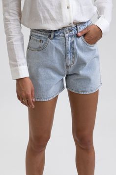 Classic Denim Shorts, A Line Shorts, Shank Button, Denim Short, Washed Denim, Light Wash Denim, Capsule Wardrobe, Wardrobe Essentials, Denim Shorts