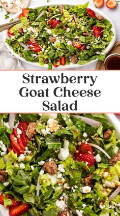 a salad with strawberries and goat cheese on it in a white bowl next to a fork