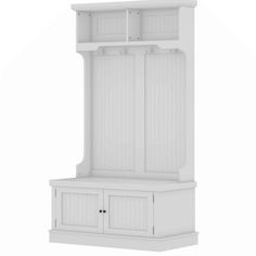 a white shelf with two doors and drawers on it's sides, against a white background