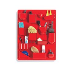 a red tray filled with lots of different items