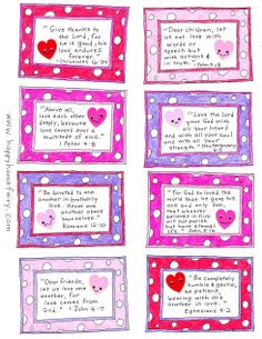 four pink and purple frames with hearts on them, one saying give thanks to the lord