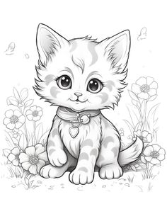 a cute kitten sitting in the grass with flowers around it's neck and eyes