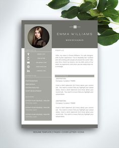 a professional resume template with grey and gray accents on the cover page, next to a green plant