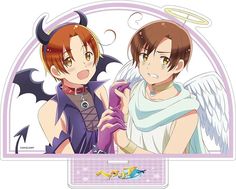 two anime characters standing next to each other in front of a white background with an angel and demon on it