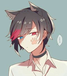 an anime character with red eyes and cat ears on his head, wearing a white shirt