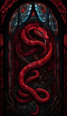 a red snake is in the middle of a stained glass window, and it's head