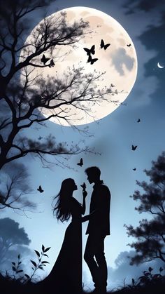 a man and woman standing in front of a full moon with butterflies flying over them