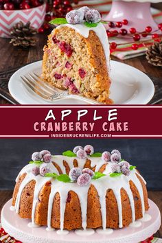 an apple cranberry cake with icing on top