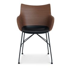 a brown chair with black leather seat and metal legs