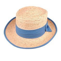 This Hat Is Woven Of Natural Color Raffia Straw, Great Style, And Sun Protection The Edge Is Bound With Blue Cloth Nice Big Blue Cloth Bow Tied In The Back The Permanent Crease Detail Down The Mid Part Of The Crown Looks Great The Straw Is Expertly Woven To Give You A Lightweight Yet Substantial Hat And Holds It's Shape Really Well The Hat Is One Size And Fits Nicely Brand New With Tags Blue Flat Brim Hat For Summer, Blue Adjustable Boater Hat With Curved Brim, Adjustable Blue Boater Hat With Curved Brim, Fitted Blue Brimmed Sun Hat, Blue Adjustable Summer Fedora, Adjustable Blue Summer Fedora, Blue Curved Brim Fedora For Vacation, Adjustable Blue Boater Hat With Flat Brim, Blue Straw Hat With Short Brim