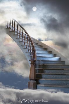 a staircase going up into the sky with clouds around it and a full moon in the distance