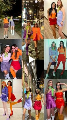 many different pictures of women dressed up in costumes and posing for the camera with their arms around each other